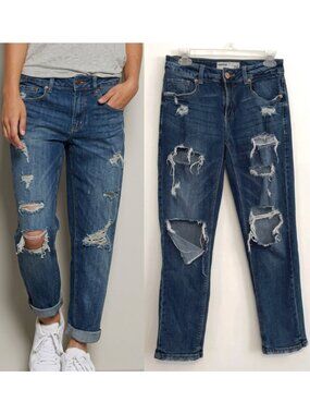 GARAGE CLOTHING Girlfriend Jeans Dark Wash Distressed Ripped Rips Crop JUNIORS 1
